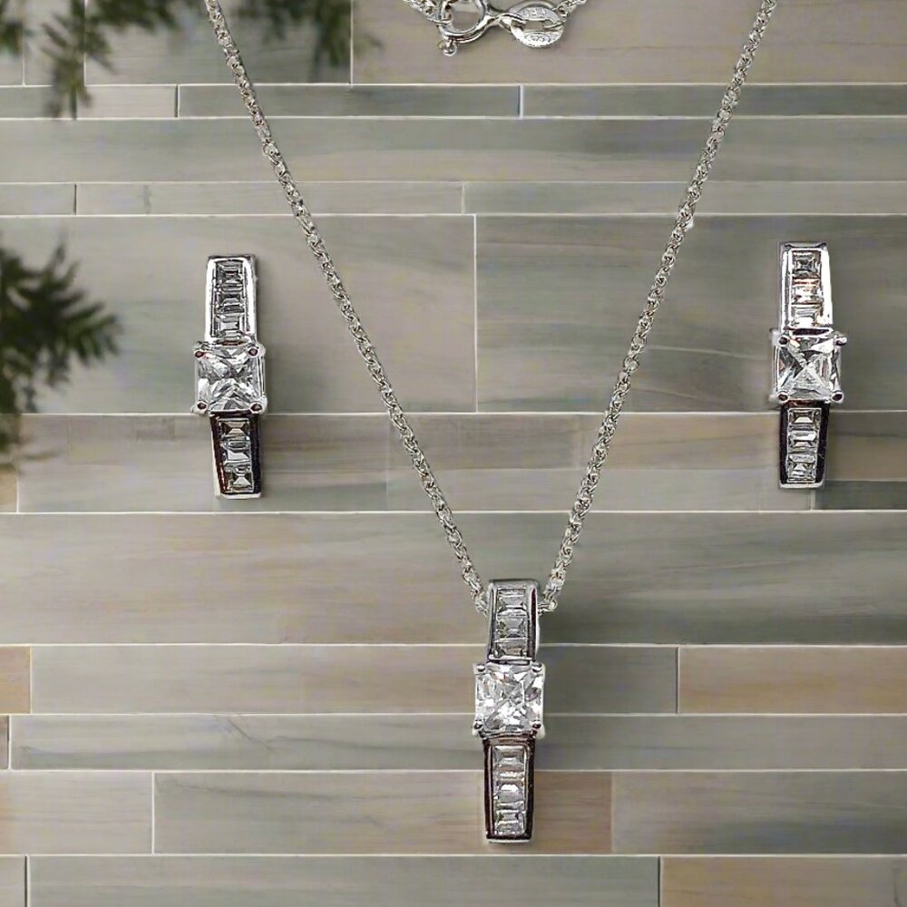 Sterling Silver CZ Bar Design Pendant Necklace & Earrings set